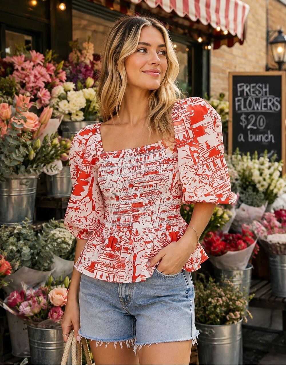 River Island Shirred Puff Sleeve Red & Cream Print Blouse Size 10